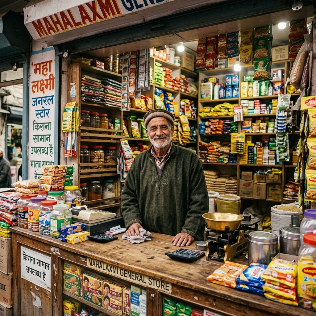 Local Jammu shopkeeper arranging goods, warm afternoon light
