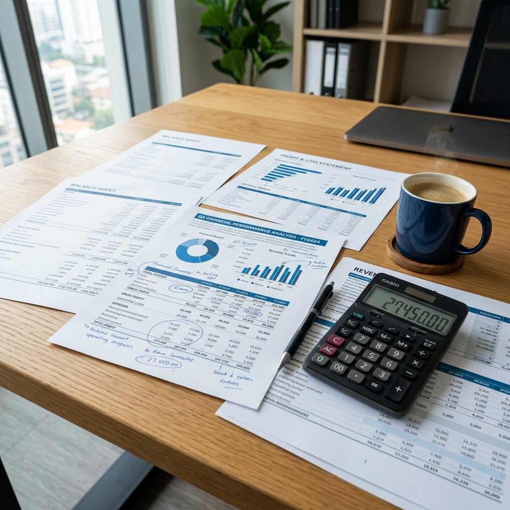 Documents spread on a desk with a calculator and pen