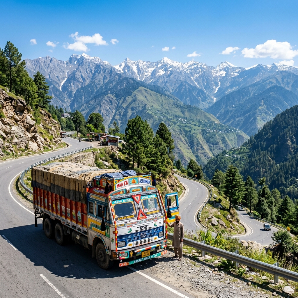 Commercial truck parked on a highway near Jammu