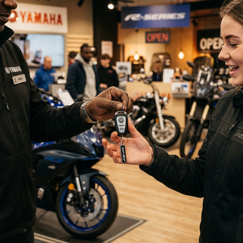 Hands receiving new motorbike keys, warm tones